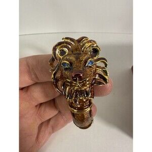 Kenneth J Lane Rhinestone Enamel Lions Head Gold Tone Clamp Bracelet Cuff 7.25"